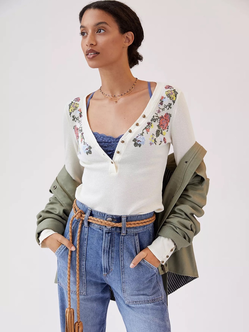Pilcro Waffle Henley Top Cream Floral Embroidered Cross Stitch Size 2X